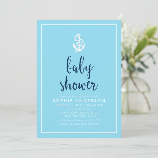 Invitation Baby shower de script bleu Ancre (Debout devant)