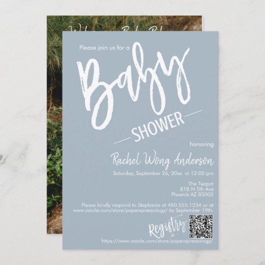 Invitation Baby shower de script bleu foncé simple QR Code ph (Devant / Derrière)