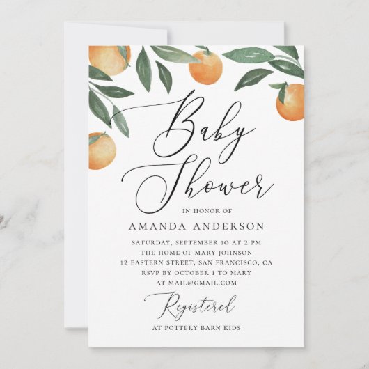 Invitation Baby shower de script d'agrumes oranges fleuris d' (Devant)