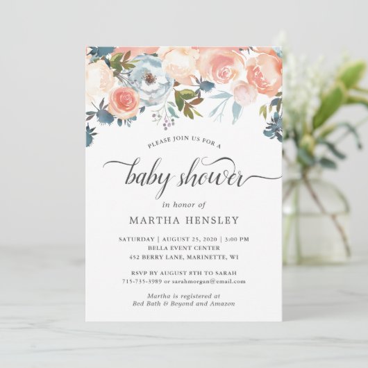 Invitation Baby shower de script de balayage floral d'aquarel (Debout devant)