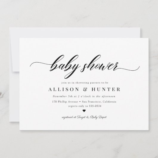 Invitation Baby shower de script de calligraphie classique d' (Devant)