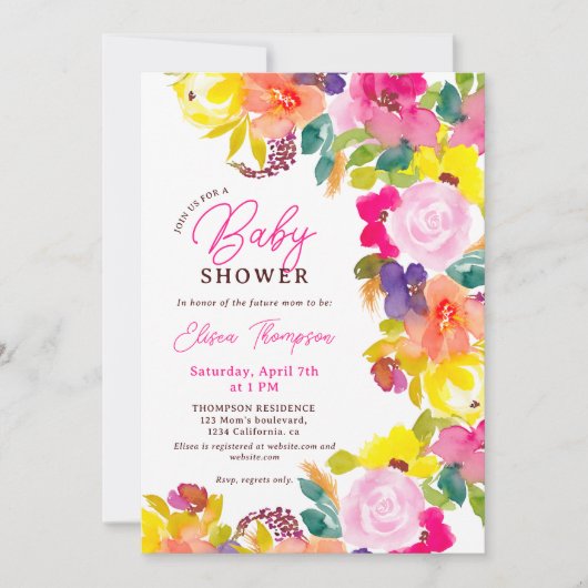 Invitation Baby shower de script de fleurs d'aquarelle modern (Devant)