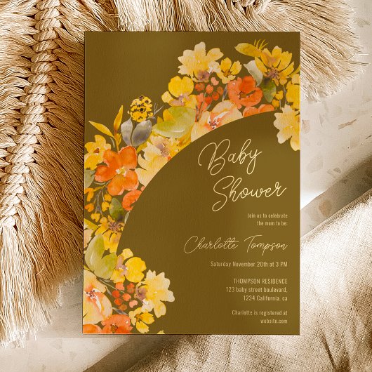 Invitation Baby shower de script de fleurs jaunes boho d'auto