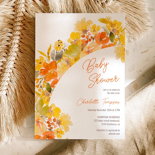 Invitation Baby shower de script de fleurs jaunes boho d'auto