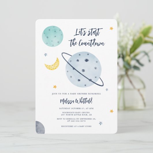 Invitation Baby shower de script de l'espace externe moderne (Debout devant)