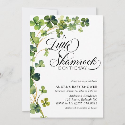 Invitation Baby shower de script de petit Shamrock aquarelle (Devant)