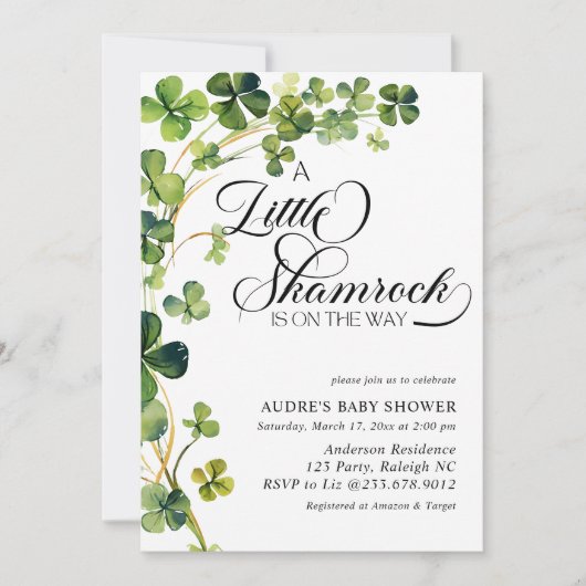 Invitation Baby shower de script de petit Shamrock aquarelle (Devant)