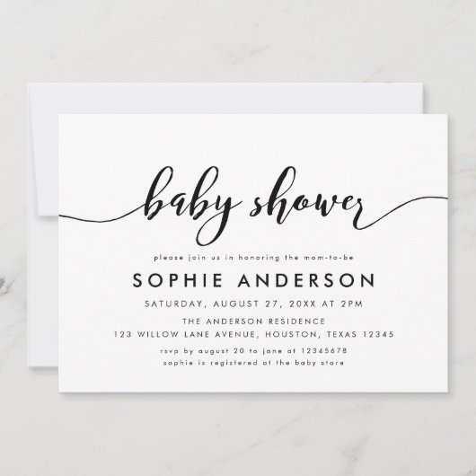 Invitation Baby shower de script de relaxation noir et blanc (Devant)