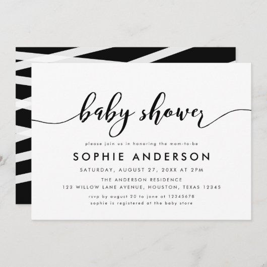 Invitation Baby shower de script de relaxation noir et blanc (Devant / Derrière)