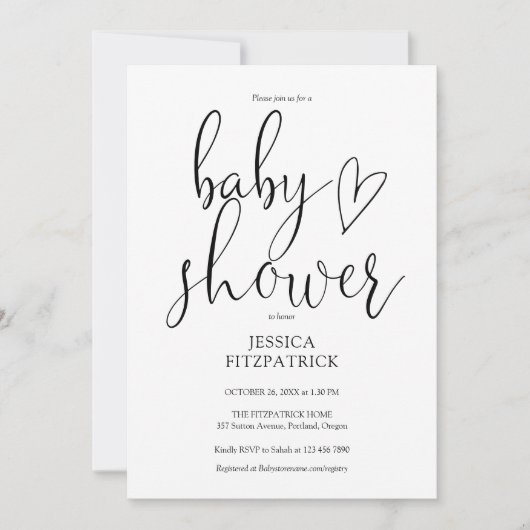 Invitation Baby shower De Script Élégant Noir Et Blanc (Devant)