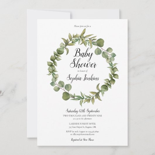 Invitation Baby shower de script Eucalyptus de la verdure des (Devant)