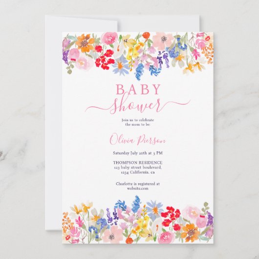 Invitation Baby shower de script fleur sauvage du jardin mode (Devant)