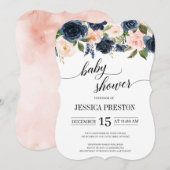 Invitation Baby shower de script floral bleu et rose vif de N (Devant / Derrière)