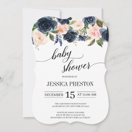 Invitation Baby shower de script floral bleu et rose vif de N (Devant)
