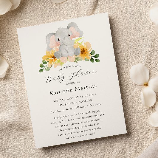 Invitation Baby shower de script floral éléphant moderne