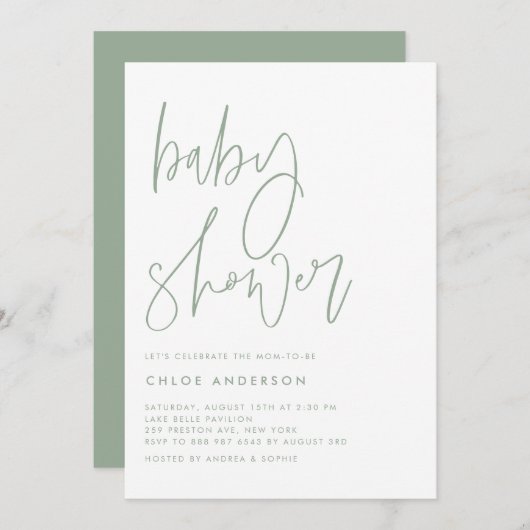 Invitation Baby shower de script manuscrit Sage Green (Devant / Derrière)