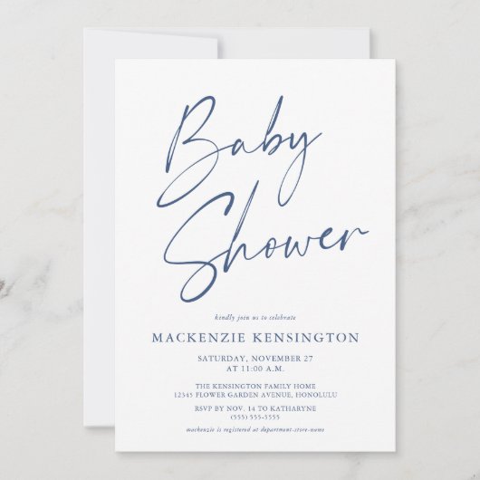 Invitation Baby shower de script manuscrit simple et bleu mod (Devant)