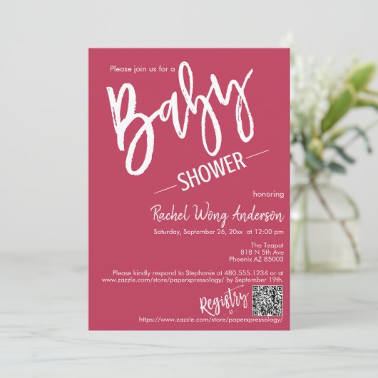 Invitation Baby shower de script minimal Magenta simple Code  (Debout devant)