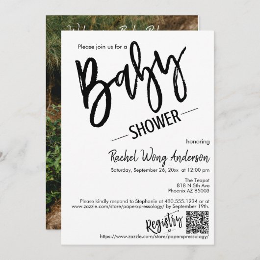 Invitation Baby shower de script minimal moderne QR Code phot (Devant / Derrière)