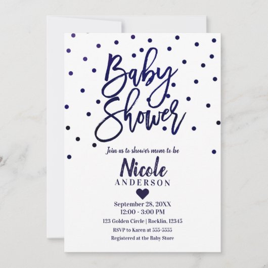 Invitation Baby shower de script moderne bleu marine Confetti (Devant)