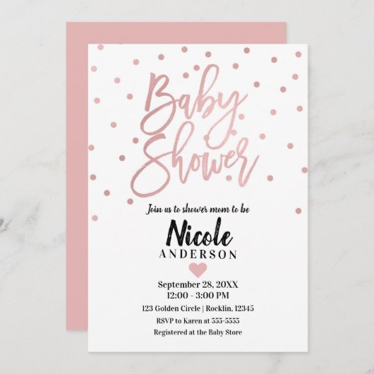 Invitation Baby shower de script moderne rose Gold Pink (Devant / Derrière)