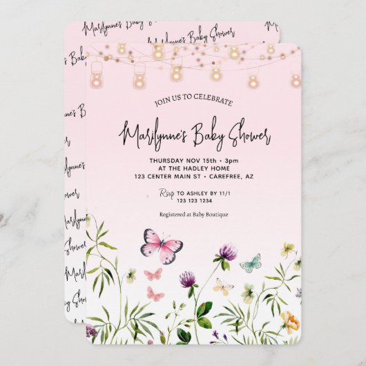 Invitation Baby shower de script rose papillon fleur sauvage (Devant / Derrière)