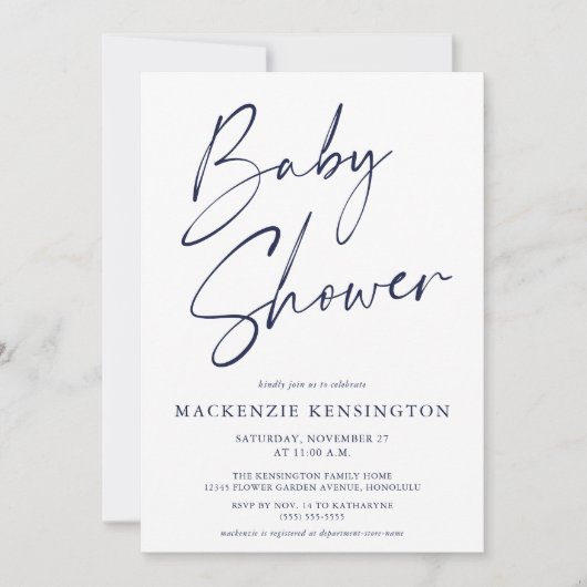 Invitation Baby shower de script simple bleu marine (Devant)