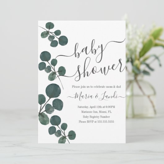 Invitation Baby shower de script vert Eucalyptus Aquarelle (Debout devant)