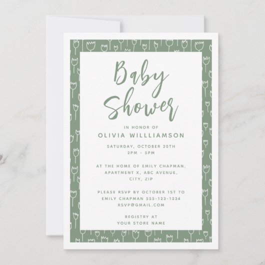 Invitation Baby shower de script vert Sage moderne (Devant)