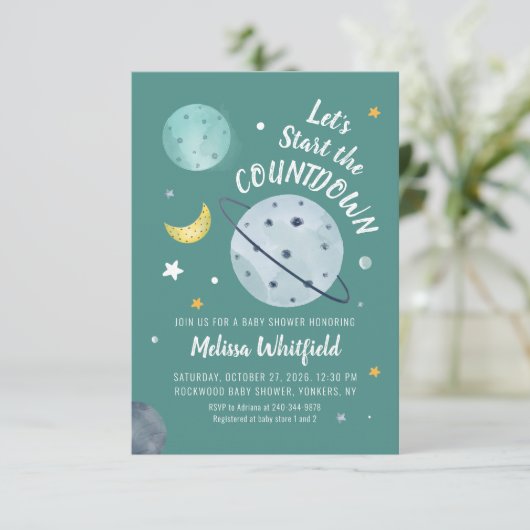 Invitation Baby shower de scripts d'aquarelle spatiale Planèt (Debout devant)