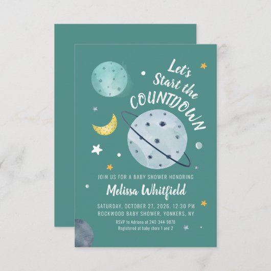 Invitation Baby shower de scripts d'aquarelle spatiale Planèt (Devant / Derrière)