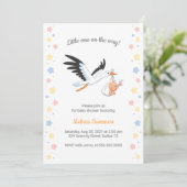 Invitation Baby shower de selfie pour bébé portant la cigogne (Debout devant)