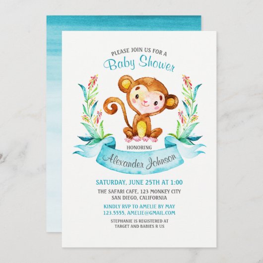Invitation Baby shower de singe d'aquarelle (Devant / Derrière)