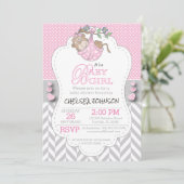 Invitation Baby shower de singe gris rose et blanc (Debout devant)
