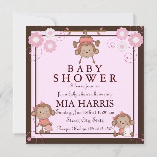 Invitation Baby shower de singe rose (Devant)