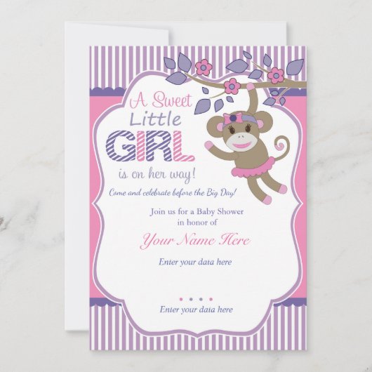 Invitation Baby shower de singe rose pourpre (Devant)