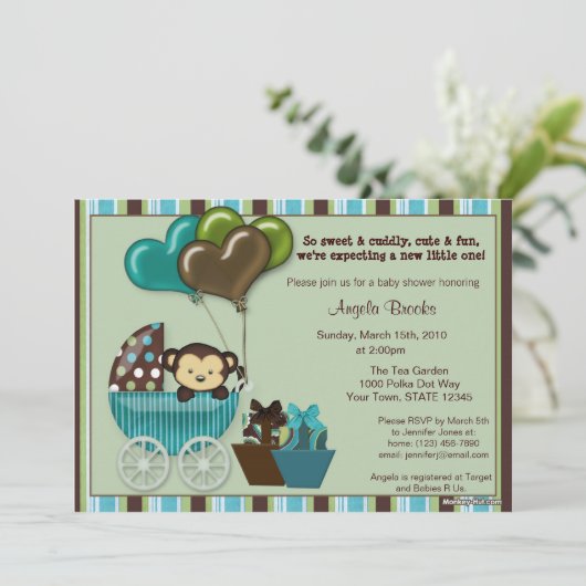 Invitation Baby shower de singe TURQUOISE (Debout devant)