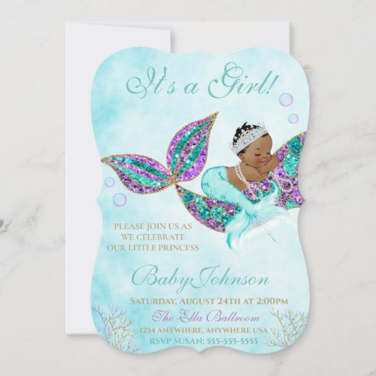 Invitation Baby shower de sirène afro-américain Parties scint (Devant)