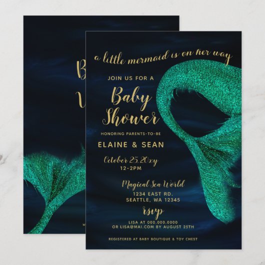Invitation Baby shower de sirène bleu or étincelle (Devant / Derrière)