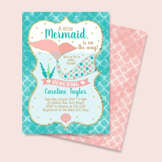 Invitation Baby shower de sirène corail et Turquoise