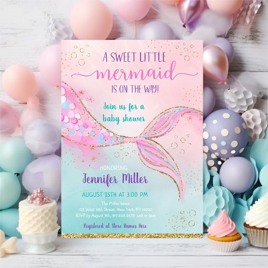 Invitation Baby shower de sirène d'or rose