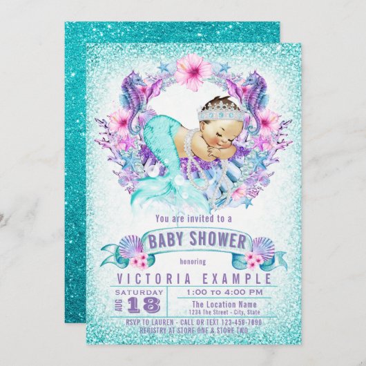 Invitation Baby shower de sirène mignonne pour bébé Invitatio (Devant / Derrière)