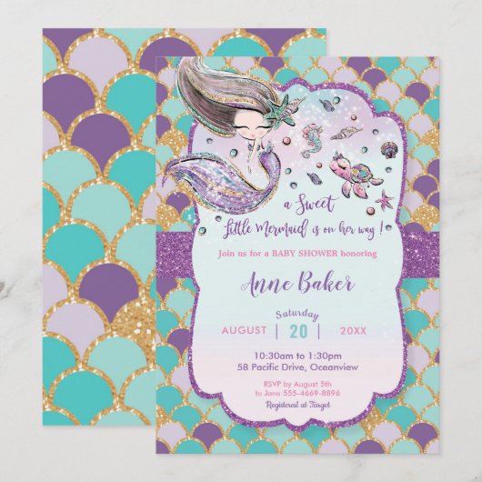 Invitation Baby shower de sirène sous la mer Créatures fille (Devant / Derrière)