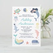 Invitation Baby shower de sirènes d'animaux marins (Debout devant)