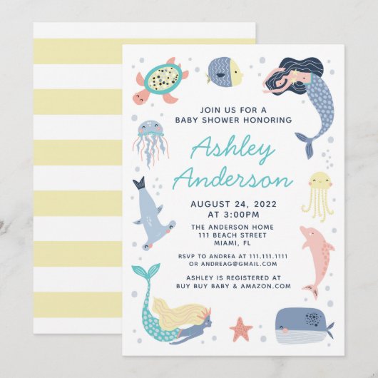 Invitation Baby shower de sirènes d'animaux marins (Devant / Derrière)