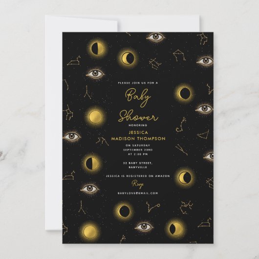 Invitation Baby shower de soleil et de lune céleste d'or noir (Devant)