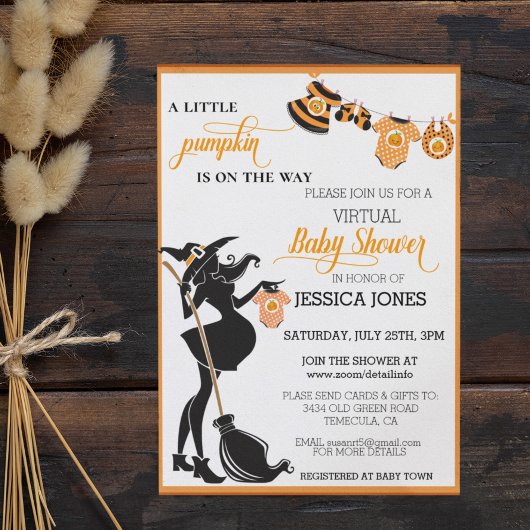 Invitation Baby shower de sorcière virtuelle Citrouille d'Hal