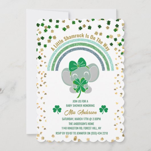 Invitation Baby shower de St patrick Elelphant Little Shamroc (Devant)