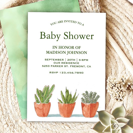 Invitation Baby shower de succulents d'aquarelle verte