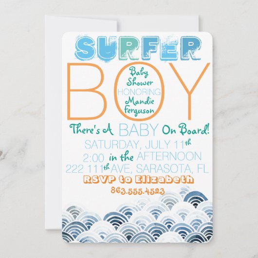 Invitation Baby shower de surfer Boy (Devant)